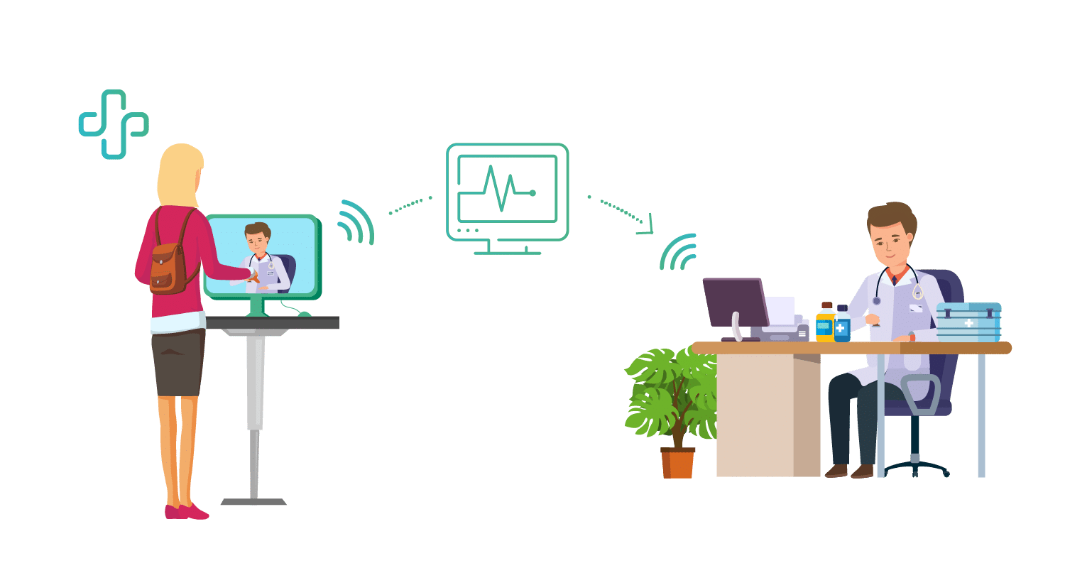 Patiente à une borne en communication avec son médecin à distance